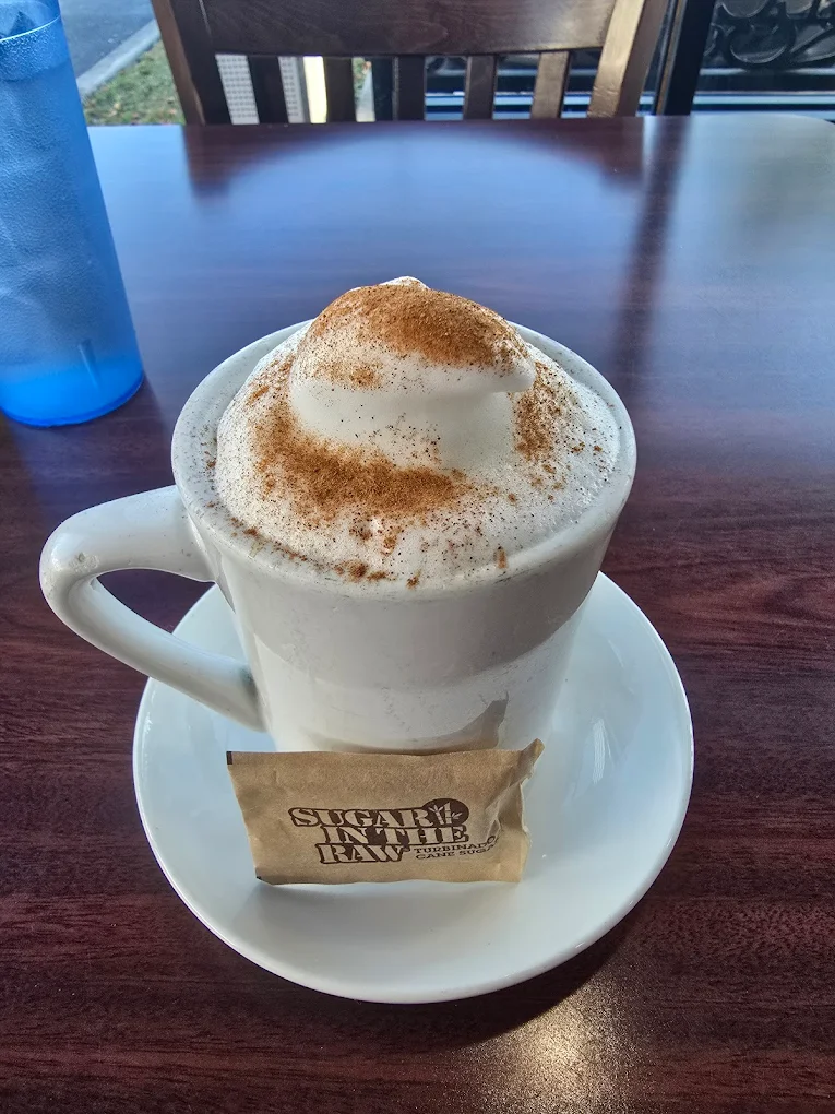 Freshly poured cappuccino dusted with cinnamon