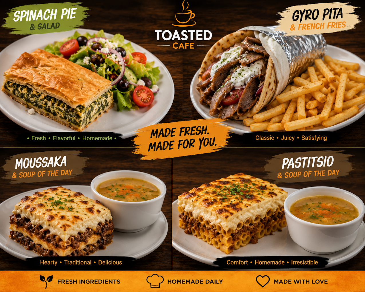 Toasted Cafe Greek specials — spinach pie, gyro pita, moussaka, pastitsio
