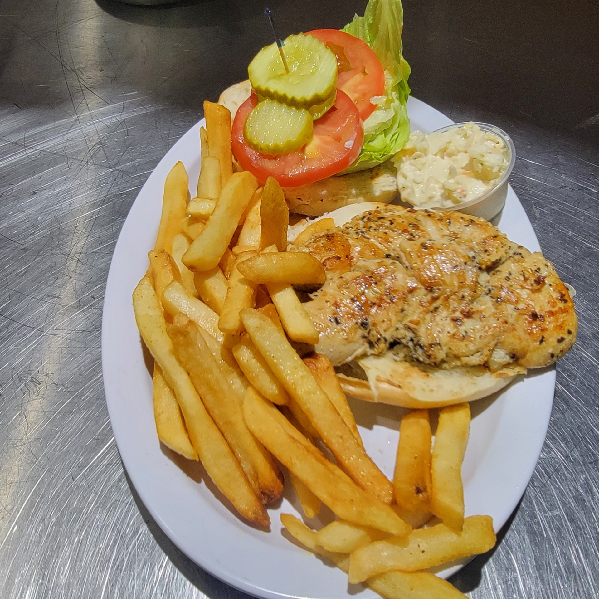 Grilled chicken sandwich with fries
